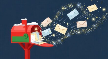 Cute Christmas mailbox with letters for Santa. Magical envelopes flying into the snowy night sky. Holiday mail vector illustration