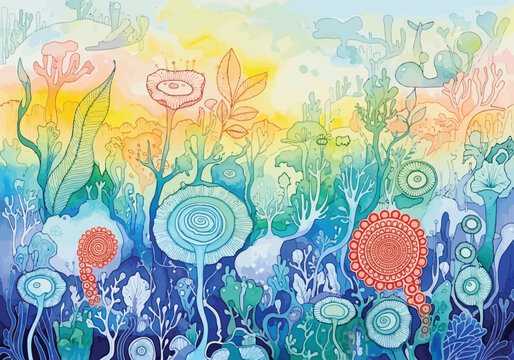 Whimsical Watercolor Garden A Vibrant Illustration of Colorful Plants, Flowers, and an Enchanting, Dreamlike Landscape