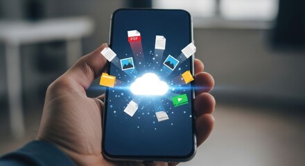 Person holding smartphone with cloud storage with files, photos, video icons, for data transfer, digital organization, connectivity, for modern technology remote access for business