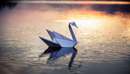 dreamy origami swan floating peacefully on calm water surface