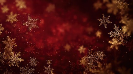 Golden snowflakes gently falling against a rich deep red background creating a magical winter holiday celebration atmosphere