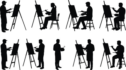 Silhouette artists painting on canvas, creative poses, art studio scene, easel setup, brush and palette, artistic expression, black figures
