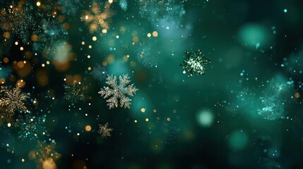 Magical abstract background with sparkling snowflakes and bokeh lights in deep emerald green tones