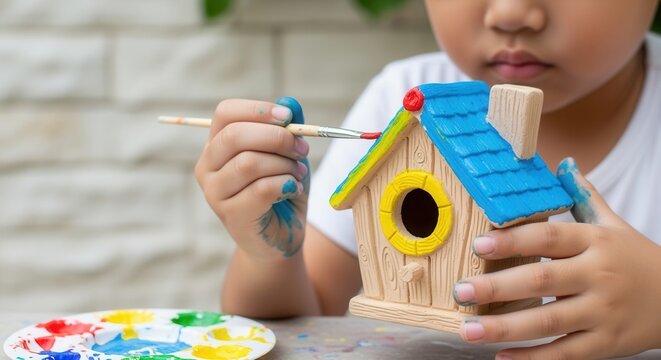 A child's hands painting a colorful birdhouse. Close-up of a creative arts and crafts project. Childhood hobby and DIY activity - Powered by Adobe