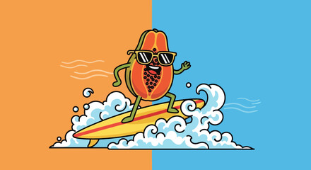 Papaya Enjoying Surfing: A Whimsical Cartoon Surfer Experience on a Sunny Day
