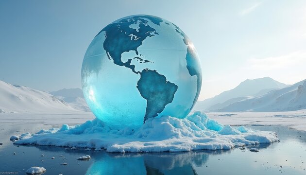 Large crystal clear globe with landmasses made of ice rests on a melting ice patch in a cold, snowy landscape - Powered by Adobe