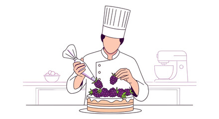 Pastry Chef Decorates Exquisite Berry Cake, Adding Creamy Touches For Delightful Dessert