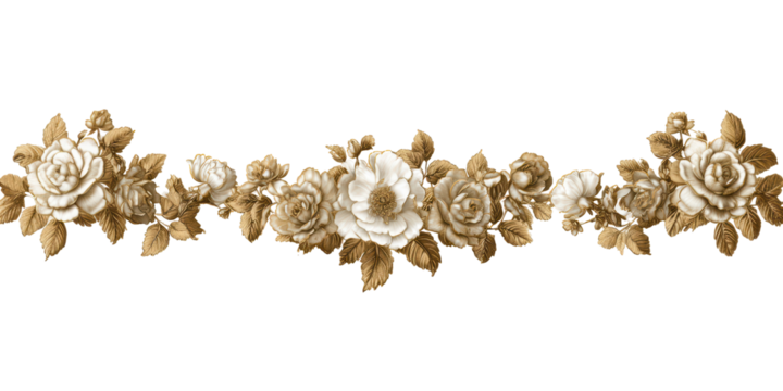 Elegant Gold and White Floral Border with Roses and Leaves for Decorative Design