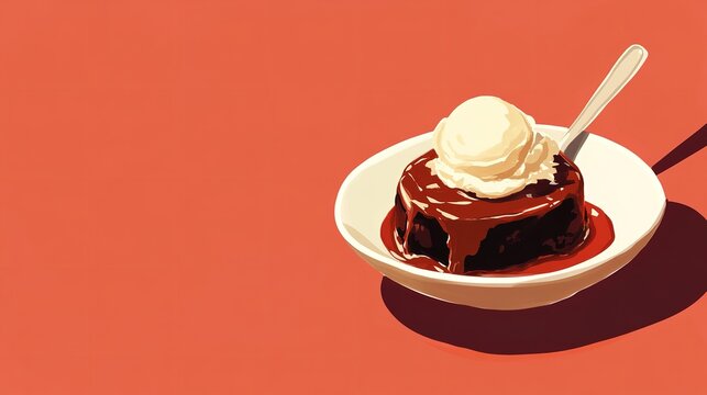 Illustration of a chocolate lava cake with vanilla ice cream on a white plate against a red background - Powered by Adobe
