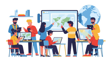 People Working Together on Global Technology and Digital Data Analysis Display