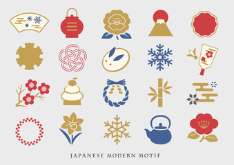和モダンな冬のモチーフ（雪兎、鏡餅、水仙、縁起物）