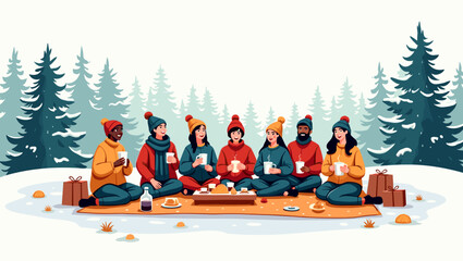 Group in winter picnic sharing food and hot chocolate in forest clearing with gifts, festive christmas spirit
