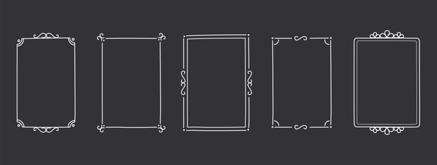 Five ornate hand drawn frames with flourish decorations, dark background