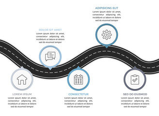 Winding road infographic with location pins showing business process timeline with icons