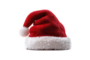 Red Santa Claus Hat with White Fur Trim and Pom Pom on Transparent Background