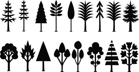 Collection of stylized black silhouettes of various trees and plants