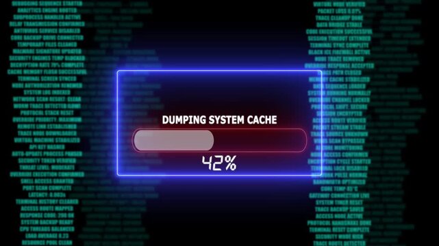 Progress bar indicates dumping system cache with glowing neon blue frame and red progress bar against a background of scrolling code - Powered by Adobe