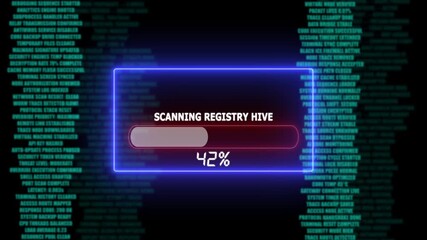 Digital progress bar showing SCANINGREGISTRYHIVE at 100% with scrolling code background - Powered by Adobe