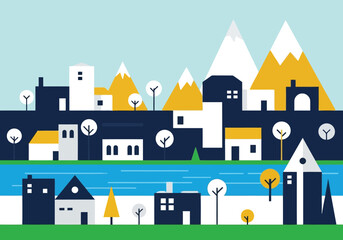 Colorful Urban and Natural Landscape Illustration with Buildings, River and Mountains for Graphic Design Projects