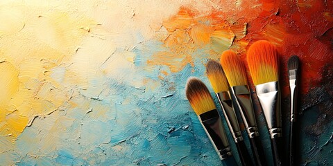artistic paint palette with brushes on vibrant textured background