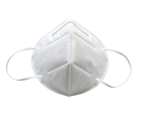 White N95 respirator protective face mask for medical and safety use, isolated on transparent background, PNG