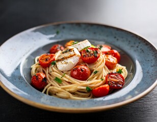 italian pasta dish linguine or fettuccine topped with roasted cherry tomatoes grilled halloumi or fresh mozzarella and sprinkle of fresh herbs