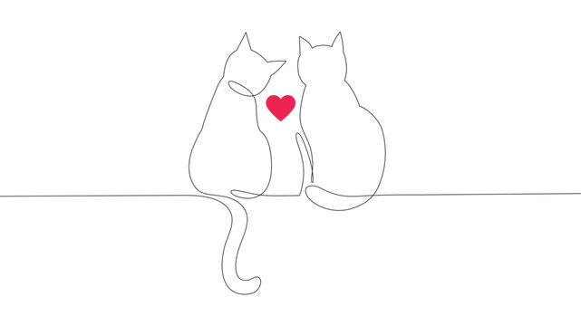 Naklejki Continuous one-line drawing of two happy cat silhouettes. Simple ink drawing of sitting cats, cute vector illustration. Doodle animals icons, minimalistic line art.