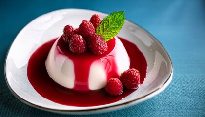 perfectly molded panna cotta dessert drizzled with red raspberry sauce and garnished with fresh raspberries and mint sprig