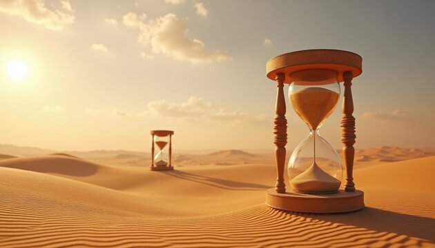 Hourglass Desert Landscape Golden Sand Dunes Sunny Sky Passing Sand Time Measurement Endurance Longevity Vast Expanse