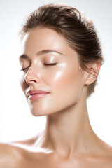 Fototapeta premium Close up portrait of fair skinned woman with luminous glowing skin natural makeup closed eyes serene expression healthy complexion smooth texture soft lighting beauty concept