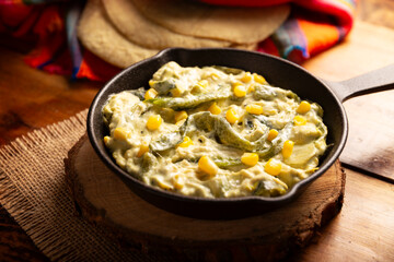 Rajas con Crema. Very popular dish in Mexico that consists of strips of poblano chili with cream, it is served as a garnish or in tacos, it is a typical recipe in Mexican Tacos de Guisado.