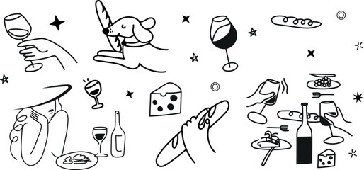 Cozy vector doodle collection featuring wine, food, and romantic dinner elements. Ideal for menu art, stickers, and social media designs.
