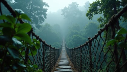 Suspension rope bridge extending into misty green jungle rainforest landscape adventure travel concept