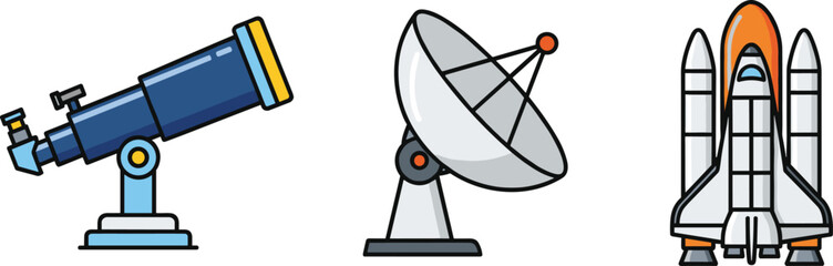Telescope, satellite dish, space shuttle, astronomy and space exploration concept, vector illustration, black silhouette, science icon, celestial observation tools