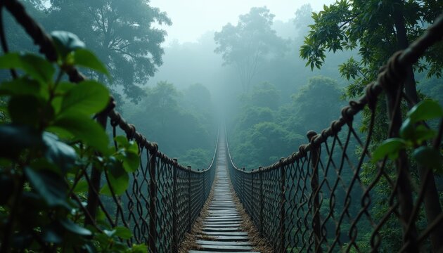 Fototapeta Suspension rope bridge extending into misty green jungle rainforest landscape adventure travel concept