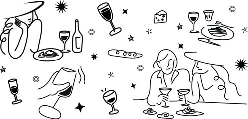 French dinner-inspired vector set &mdash; wine, cheese, baguette, and elegance in every line. Perfect for branding and packaging.