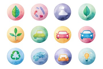 A collection of watercolor eco-friendly icons representing nature, sustainability, transport, and green energy concepts.