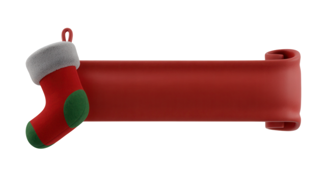 Festive red Christmas stocking with fluffy white trim hangs beside a blank red banner for personalized holiday messages and greetings