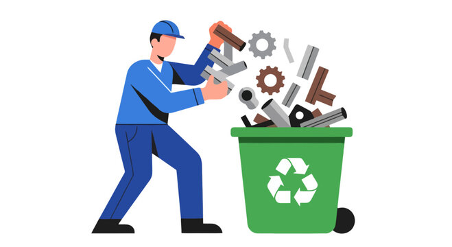 Recycling Worker Puts Metal Parts in Green Waste Bin for Environment Protection