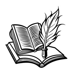 Elegant quill pen rests on open books, symbolizing knowledge and creative writing.