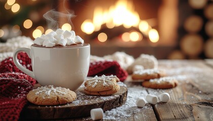 Cup of hot chocolate with marshmallows and Christmas cookies by cozy fireplace