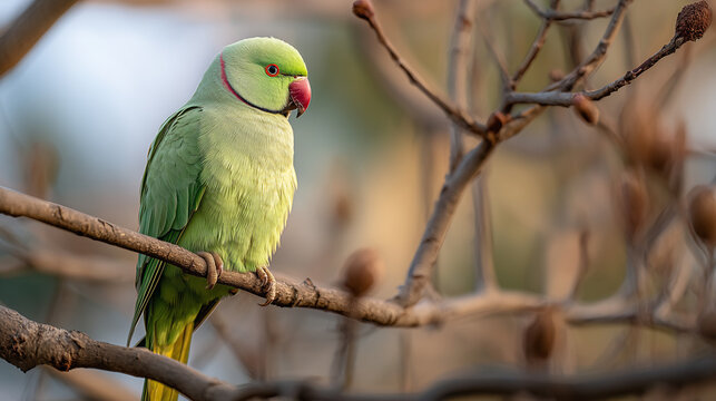 Green parrot perched on a bare tree branch in natural daylight, showing vivid feathers and a calm pose. Ideal for wildlife themes, nature concepts, and tropical animal visuals.