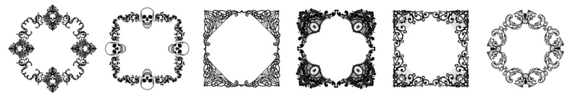 Halloween square frame made of gothic curls and lace ornaments, collection of vintage spooky borders