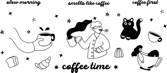 French-inspired coffee break illustration set with beret characters, cups, and sweets — ideal for menu design and branding.