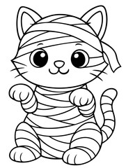 Halloween cat mummy coloring page for kids — cute kitten wrapped in bandages