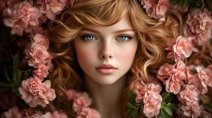 Fototapeta premium enchanting redhead woman surrounded by pink flowers with bright blue eyes and perfect skin