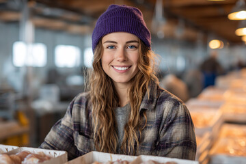 Smiling young woman in purple beanie and plaid shirt at a food production facility