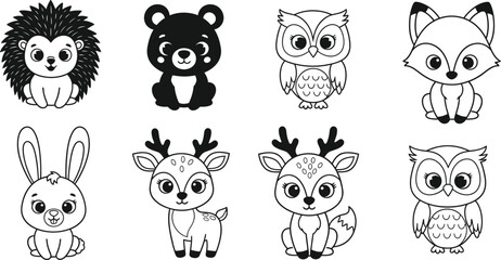 Fototapeta premium Collection of adorable woodland animal illustrations isolated on white background