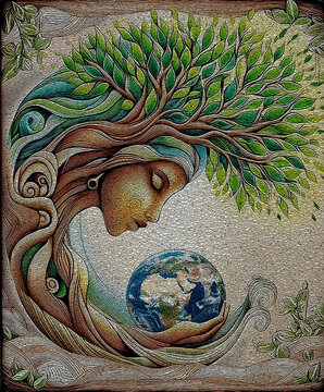 Abstract mosaic illustration of Mother Earth holding the planet with love, symbol of nature, ecology and environmental protection, textured artwork in natural colors