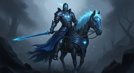 Fototapeta premium Mystical Knight on a Glowing Horse Amidst Ethereal Fog.